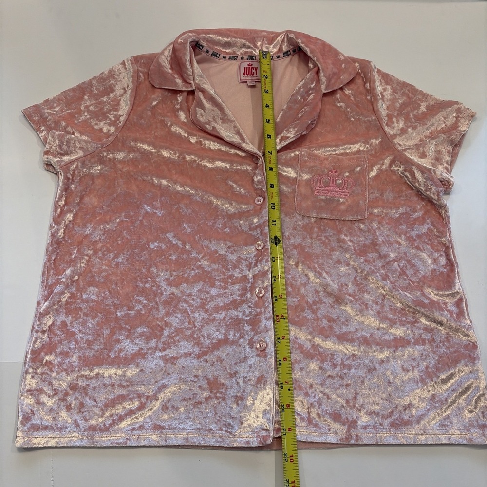 Womens Juicy Couture pink velour short sleeve button up top‎ Size  Large - Picture 9 of 12